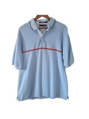 Tommy Hilfiger Striped Polo Shirt Mens Size 2XL Light Blue Logo Casual  Preppy